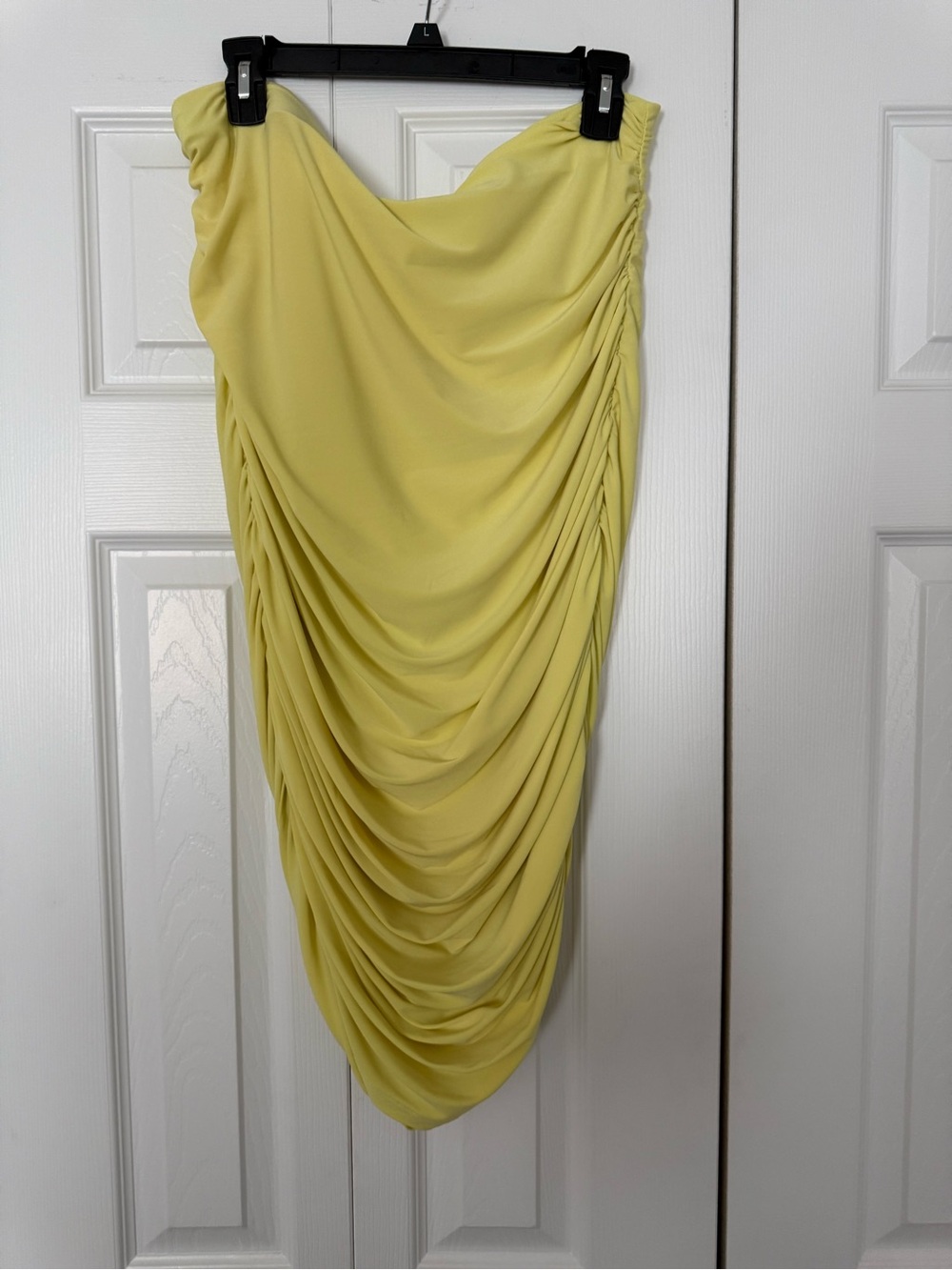 Express Draped Yellow Ruched Midi Skirt (matching one shoulder top listed)